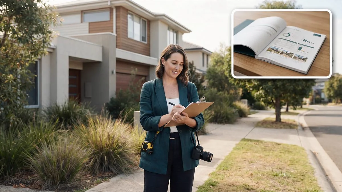 A valuer with a clipboard at the front of an Australian house, working out what it was worth on one particular day